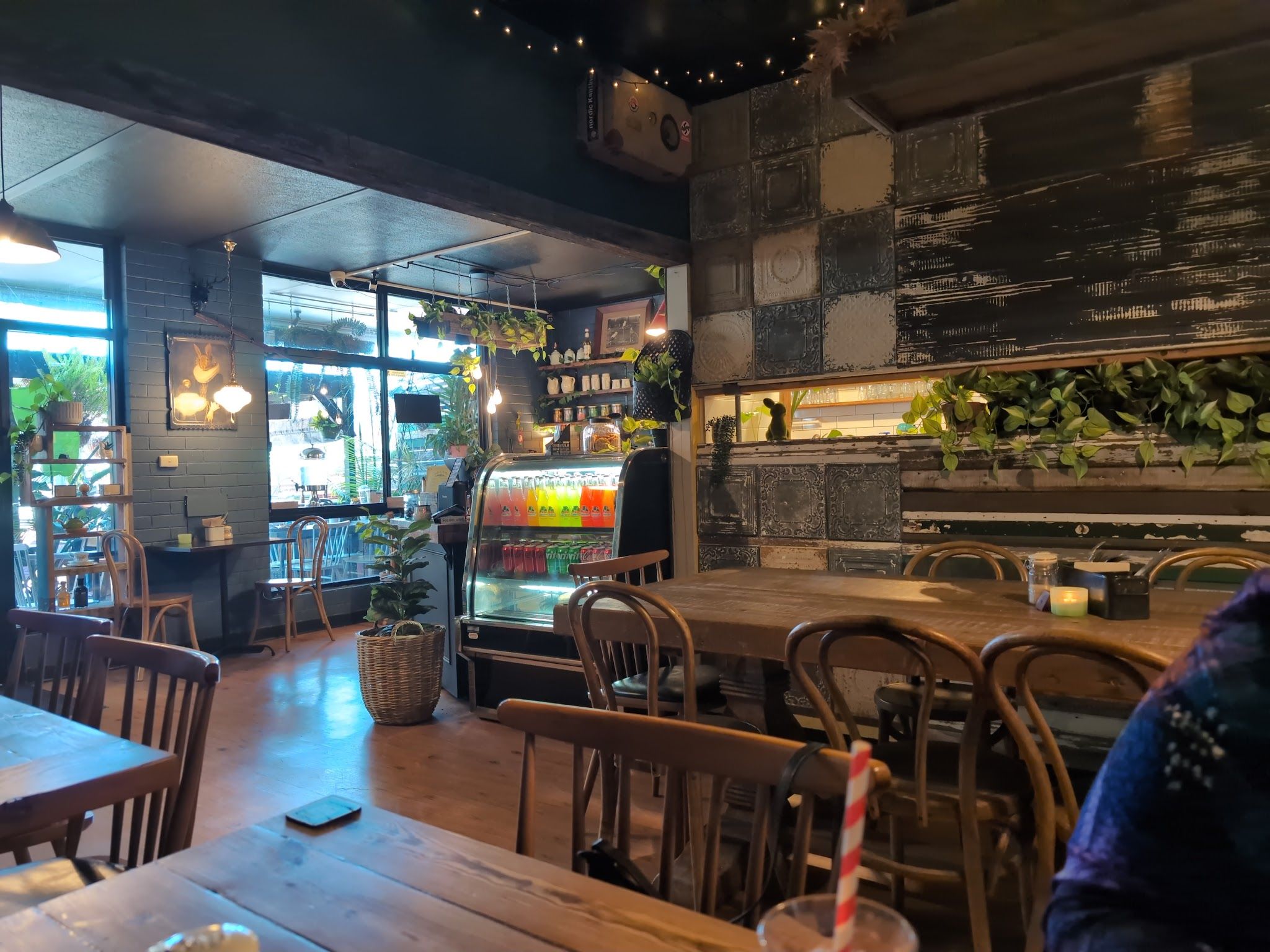 Fork And Waffle Cafe dining room with bentwood chairs, display fridge, tropical plants and festoon lights